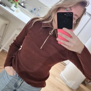 Sandro Chocolate Ribbed Zip Sweater